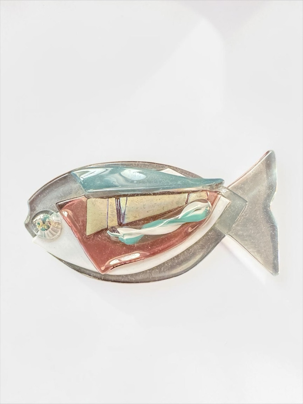 Fused Glass Fish Pin Brooch Abstract Handmade Purple Clear White